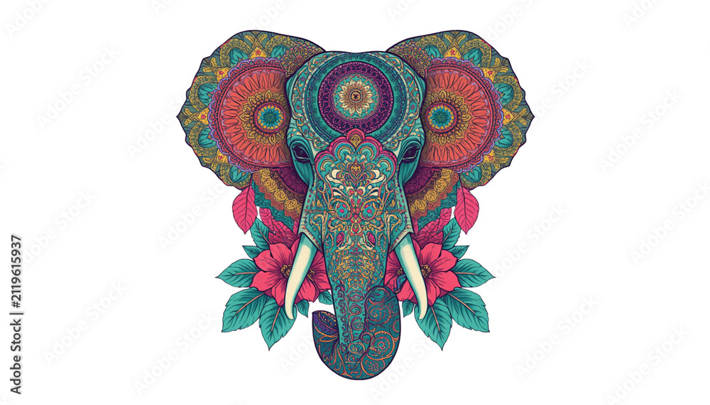 Obraz premium Majestic Elephant Head with Intricate Mandala Patterns and Vibrant Tropical Floral Ornament on White Background