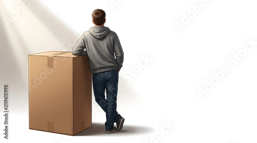 Back view illustration of a man in a grey hoodie and jeans standing and leaning on a large cardboard box, on white.