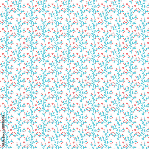 Seamless Floral Heart Pattern With Turquoise Branches And Pink Berries For Valentine Backgrounds