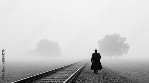 Black and white foggy railway track, man in long coat and hat walking away, misty field trees, lonely journey life direction atmospheric art photo