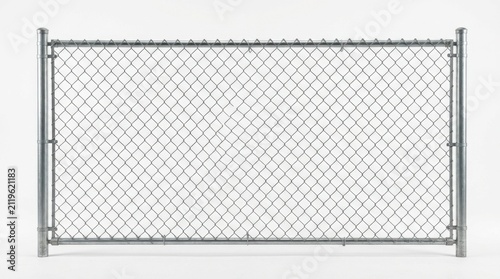 Chain link fence isolated on white background. Galvanized steel wire mesh barrier for commercial and industrial property security, boundary protection, and restricted area safety construction detail.