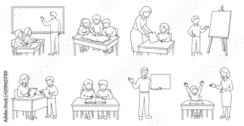Minimalist school classroom line art icons, set of 8 education vector illustrations, teacher and students learning activities in black and white