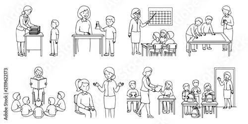 Minimalist school classroom line art icons, teacher and students educational activities vector set, black and white elementary school coloring book illustrations