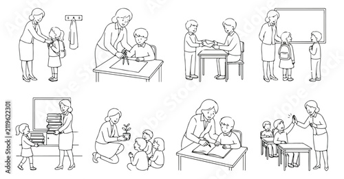 School life line art illustrations, teacher and students classroom activities set, educational vector icons of learning and teaching scenes