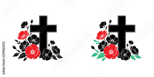 Foto Christian Cross with Poppy Flowers Silhouette, Remembrance poppy flower with white cross and light rays vector illustration for war veteran memorial armistice day and floral commemorative designs