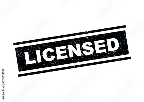 Black grunge rubber stamp with the word licensed in a diagonal frame design isolated on transparent background