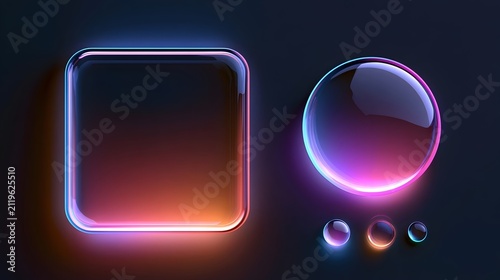 3D Liquid glass smartphone interface isolated. UI UX light frame rounded square and circle elements with a glow stroke. Collection design widget for smartphone and web app. Stock Vector