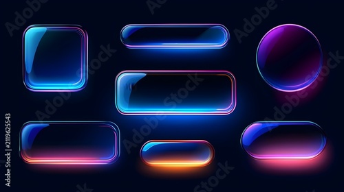 3D Liquid glass smartphone interface isolated. UI UX light frame rounded square and circle elements with a glow stroke. Collection design widget for smartphone and web app. Stock Vector