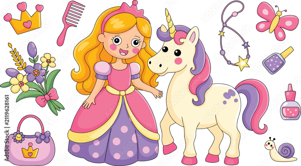 Fototapeta premium Cute Princess and Unicorn Cartoon Vector Set with Magic Accessories, Flowers, Butterfly, Handbag, Crown, and Fantasy Fairy Tale Elements