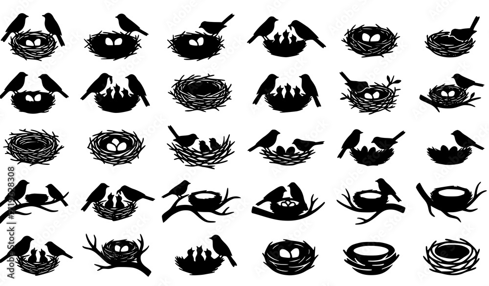 Fototapeta premium Minimal Bird Nest Vector Icon Set with Wildlife Parent Bird Silhouettes Eggs and Nature Collection for Creative Designs