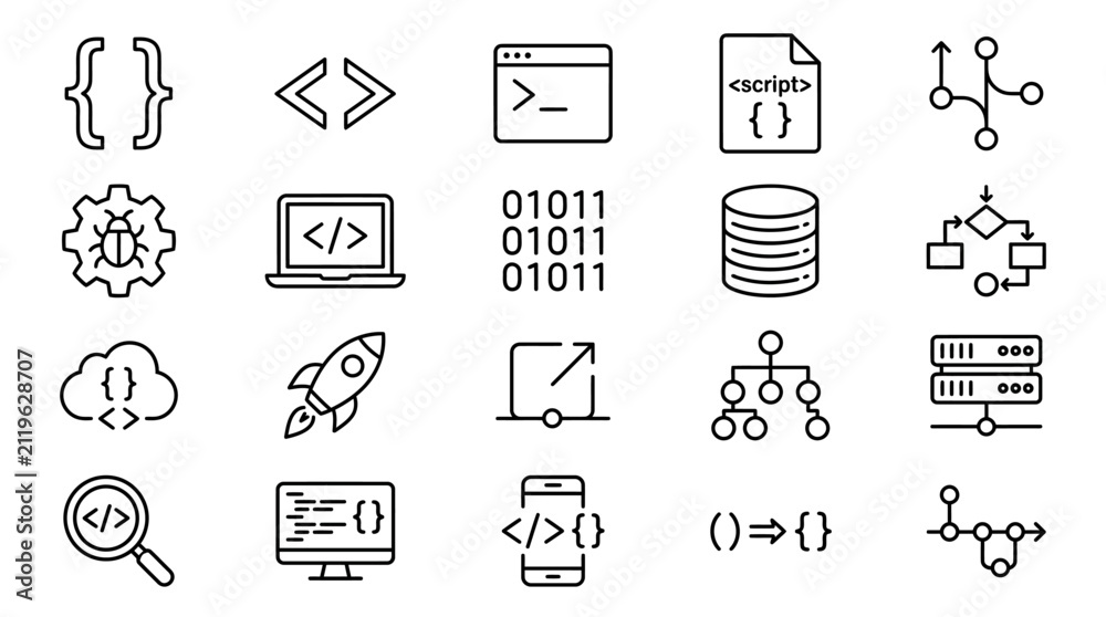 Fototapeta premium Collection of Coding and Programming Icons Representing Software Development Concepts.