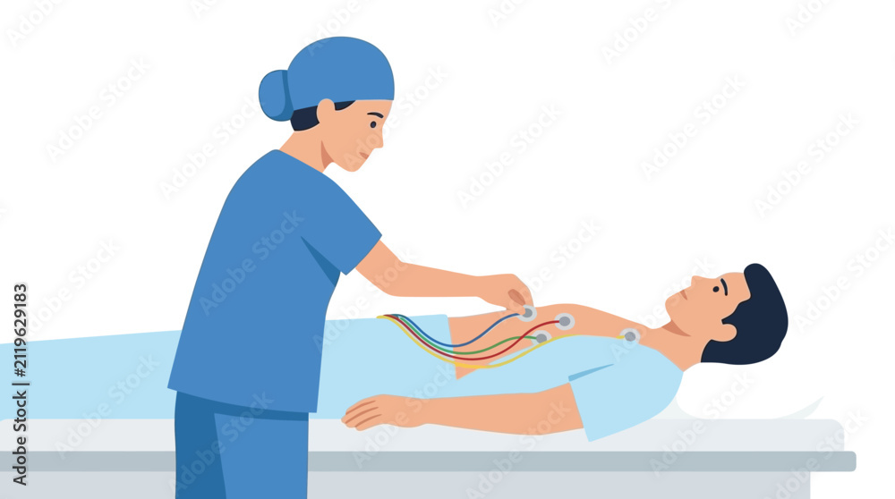 Obraz premium Doctor Attaching ECG Electrodes to Patient for Heart Monitoring