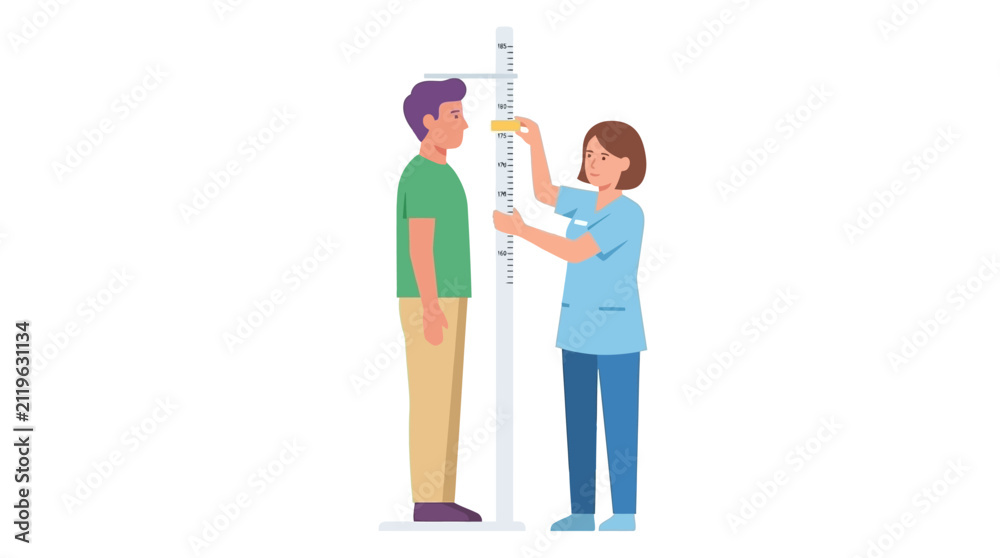 Fototapeta premium Healthcare professional measuring adult man's height on stadiometer, growth check