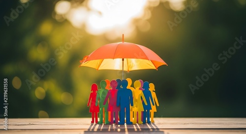 Colorful paper people figures standing together under protective umbrella concept