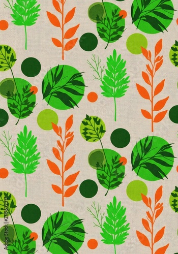 A seamless fabric pattern featuring green and orange twig silhouettes, leaves, and circles arranged in a collage on a neutral beige backdrop, modern, texture, composition
