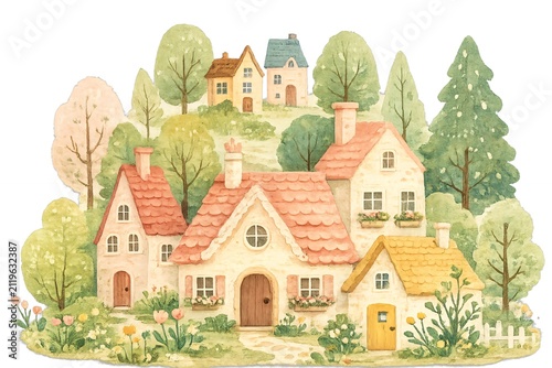 Illustration of village cottage houses on the hill