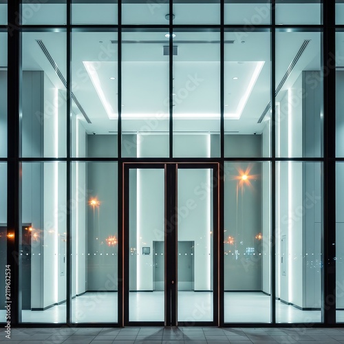A sleek modern building facade at night features transparent glass doors reflecting soft ambient street lights and an illuminated interior, corporate, glass, modern