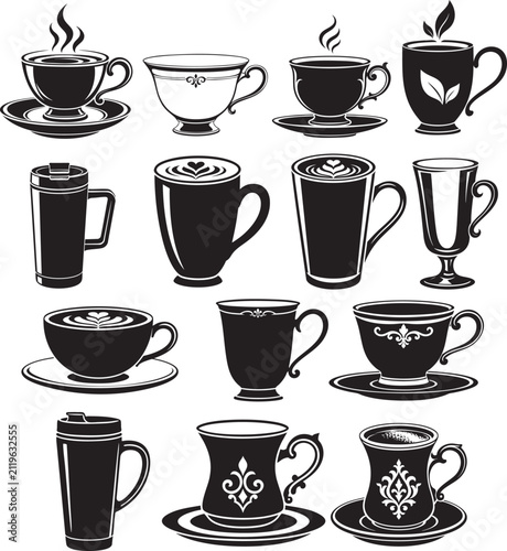Coffee Cup and Mug Silhouette Collection, Monochrome Drink Icons 2