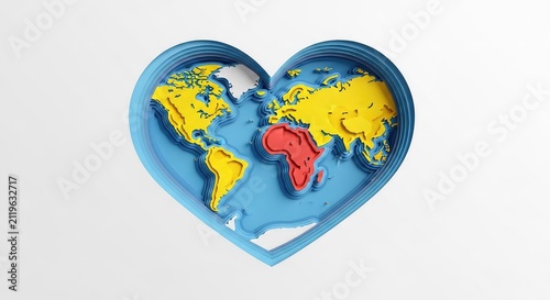 A textured paper cut heart shaped like a global map with layered continents and detailed edges, set against a clean and minimal backdrop, craft, pattern, travel