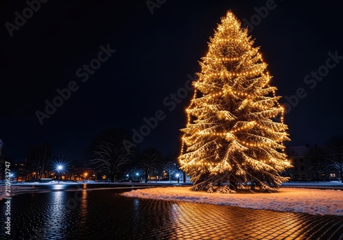 A towering evergreen tree glows with golden fairy lights at night, standing in a cobblestone town square under a dark starry winter sky, cold, glowing, midnight