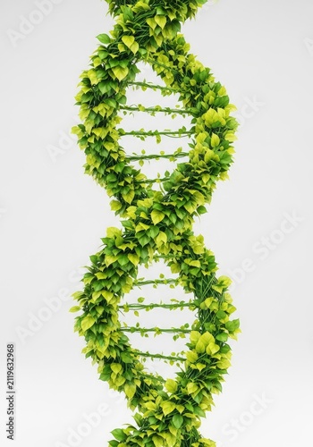 Abstract double helix structure crafted from spiraling green vines and fresh organic leaves, representing the core essence of plant life, DNA, emerald, nature