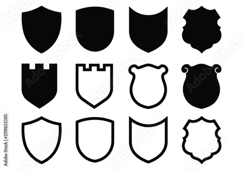 Set of various shield shapes and heraldic crest icons in black and white vector style