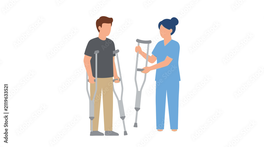 Fototapeta premium Nurse Helping Patient With Crutches, Rehabilitation, Injury Recovery