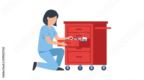 Nurse Organizing Medical Supplies in Red Cart