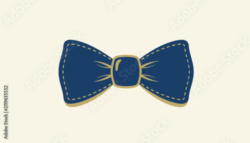 Dark blue gentleman fashion bow tie with classic gold stitching details isolated on a minimal cream color background.