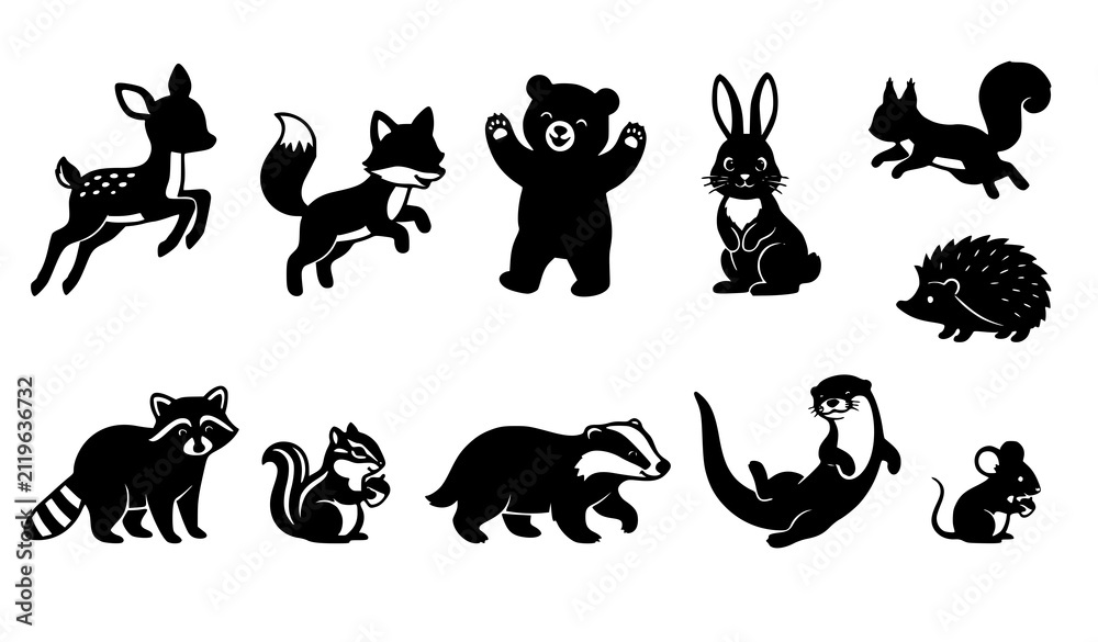 Naklejka premium Animals in Black Silhouettes Running, Sitting, and Standing Featuring Wildlife, Nature, Forest