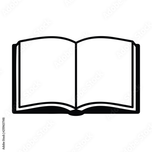 Simple silhouette of an open book with visible pages in a minimalist black vector icon.