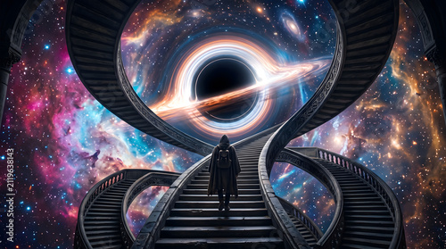 Cloaked Figure Climbing a Cosmic Staircase Towards a Black Hole