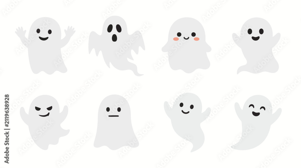 Fototapeta premium Set of cute cartoon ghosts with various facial expressions isolated on a white background for halloween designs