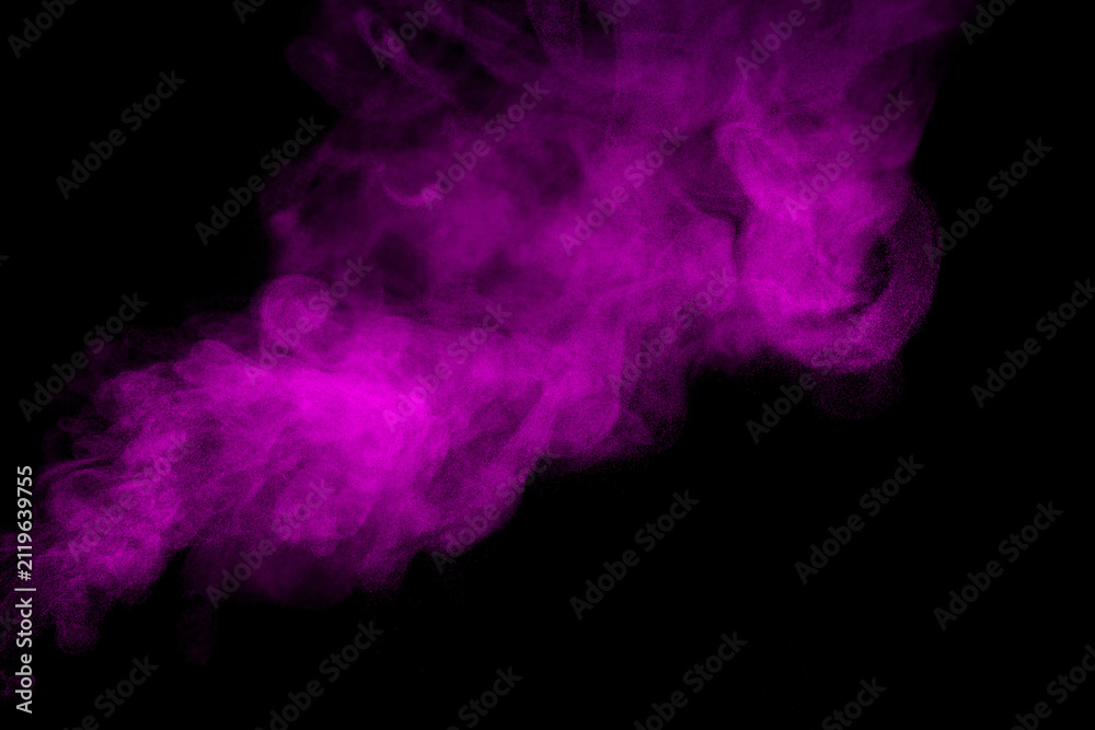 Obraz premium Abstract purple smoke cloud isolated on black background with realistic swirling vapor texture, ideal for overlays, visual effects, digital compositing, cinematic scenes, creative design.