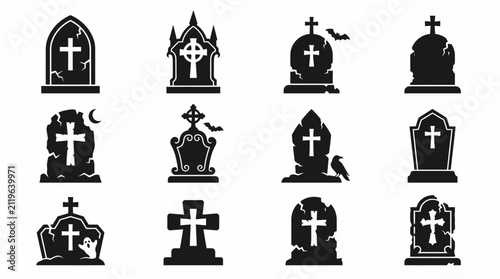 Bild auf Leinwand Set of twelve black silhouette gravestones and tombstones with crosses for hallo