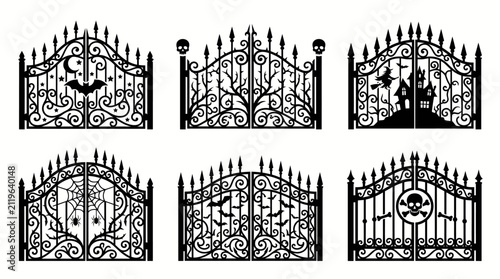 Quadro su tela Set of six decorative wrought iron gates with spooky halloween themes including