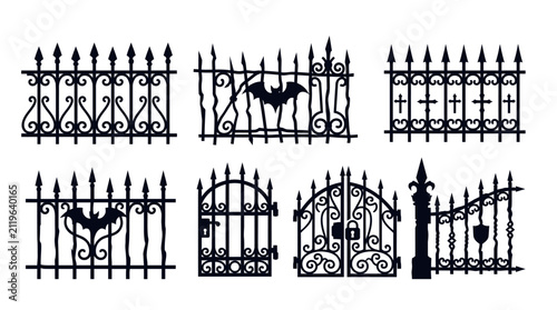 Foto Set of black silhouettes featuring ornate wrought iron fences and gates with spo