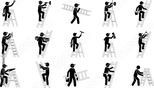 Set of stick figure icons representing workers climbing ladders for construction and maintenance tasks.