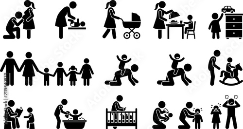 Obraz na płótnie Set of black stick figure icons depicting family life and parenting activities