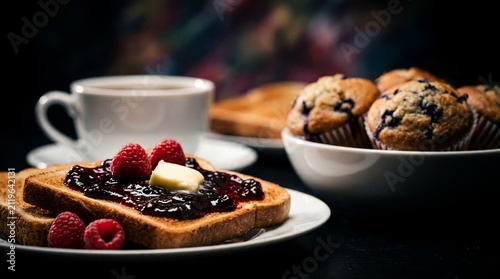 Delicious breakfast toast with jam and fresh raspberries showcasing blueberry muffins, hot coffee and butter slices, representing morning nutrition and culinary indulgence