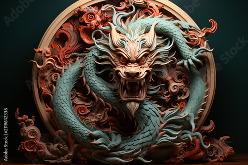 A blue dragon with red and orange accents is depicted in a circular frame. The dragon has a menacing look and he is ready to attack. Scene is dark and foreboding