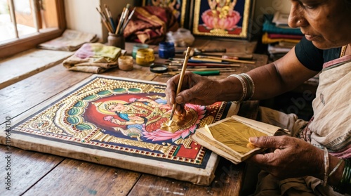 Indian female artisan painting traditional Thanjavur artwork with gold foil in her workshop