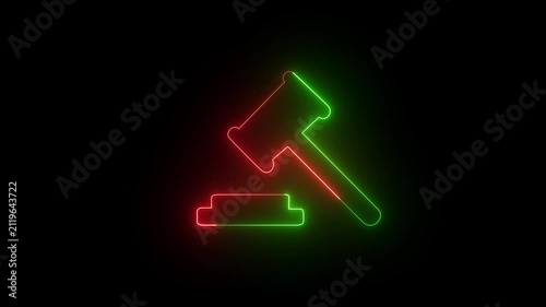 Gavel, law neon red and green icon. Simple icon for websites, web design, mobile app, info graphic. 4k video