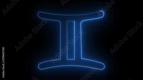 Neon blue color Zodiac sign on black background. 4k 