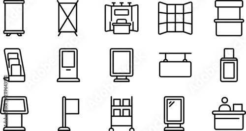 Trade Show Display and Retail Signage Line Icons Set for Marketing and Exhibition