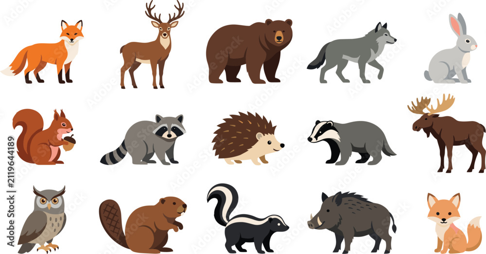 Obraz premium Woodland Forest Animal Collection Flat Vector Wildlife Illustration Set