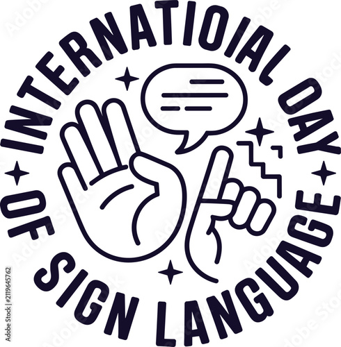 Circular Emblem Design for International Day of Sign Language with Hands, Speech Bubble, and Stars