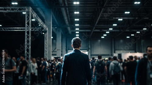 Professional businessman in suit showcasing large exhibition hall, crowded event space and modern lighting, representing corporate leadership and business networking