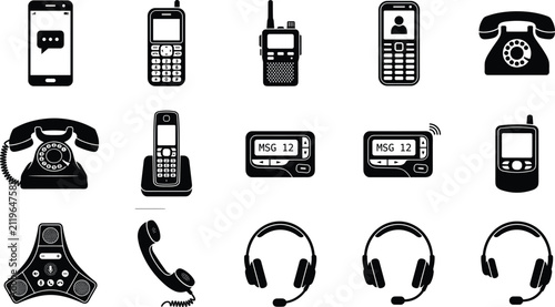 Bild auf Leinwand Telecommunication devices silhouette icon vector set featuring mobile smartphone