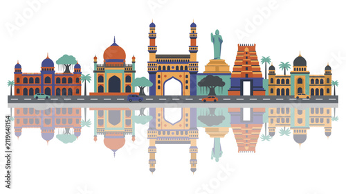 Colorful hyderabad city skyline with landmarks and water mirror.